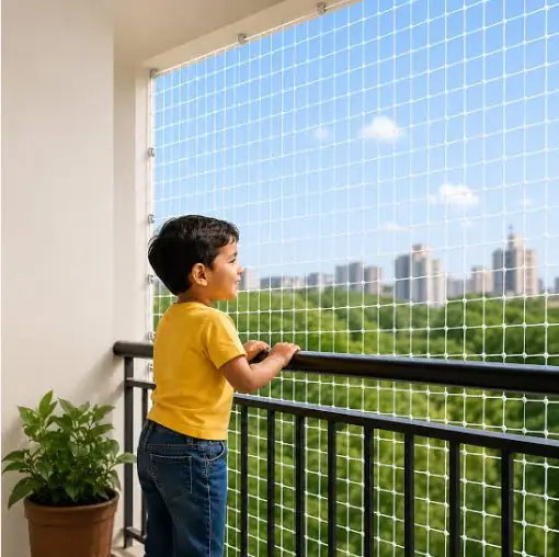 Transparent balcony safety net protecting a child in a Chennai, Tamil Nadu apartment
