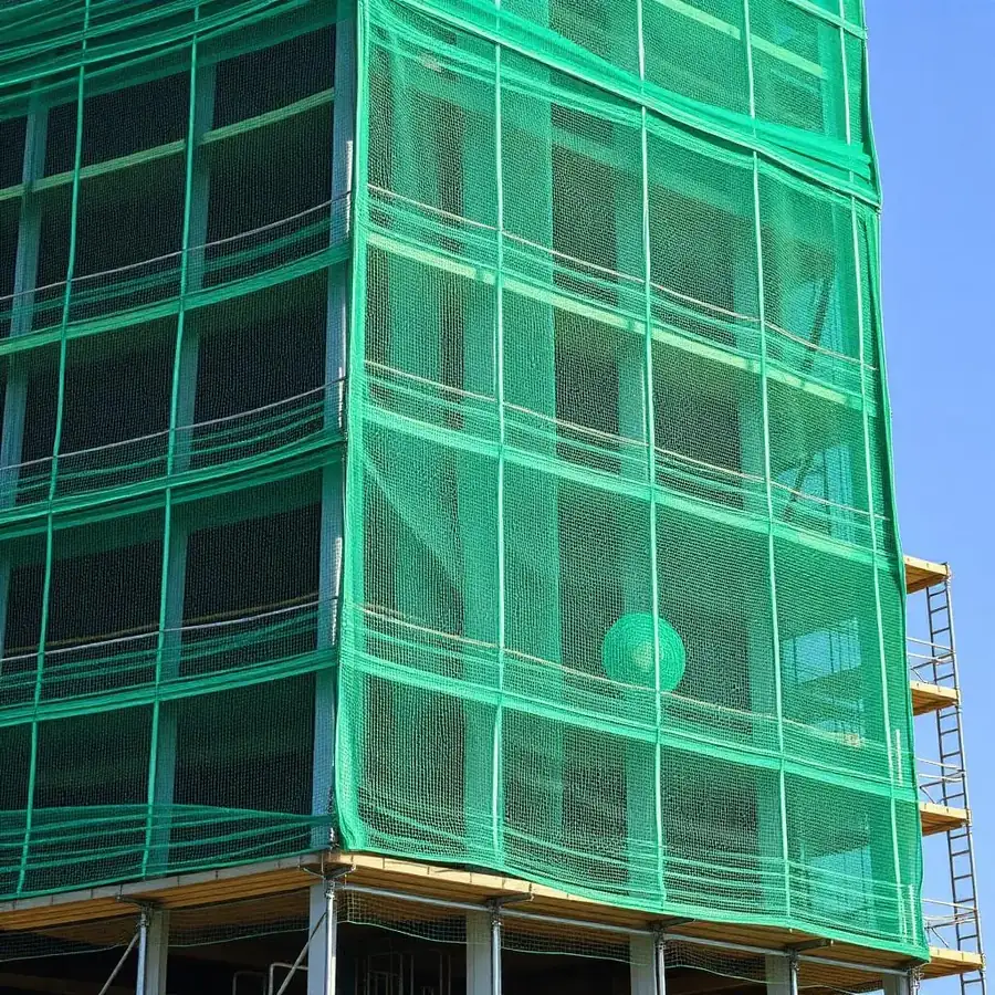 Green building safety net covering a multi-storey construction facade