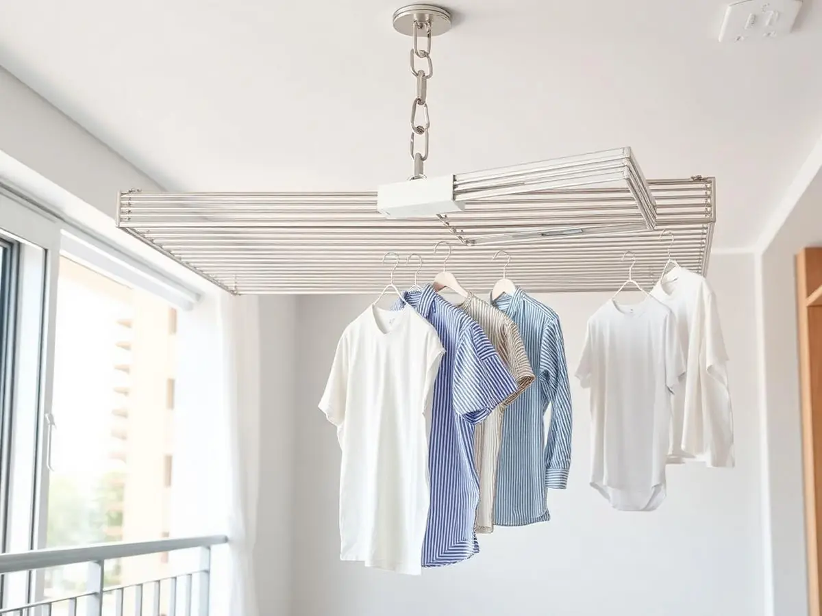 Ceiling mounted pulley clothes drying hanger installed in a utility balcony
