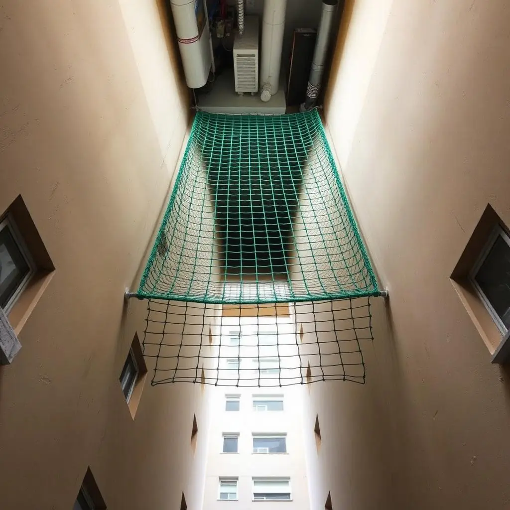 Duct area safety net installed between two apartment blocks
