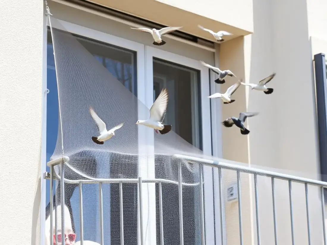 Anti pigeon net fitted across an apartment balcony opening