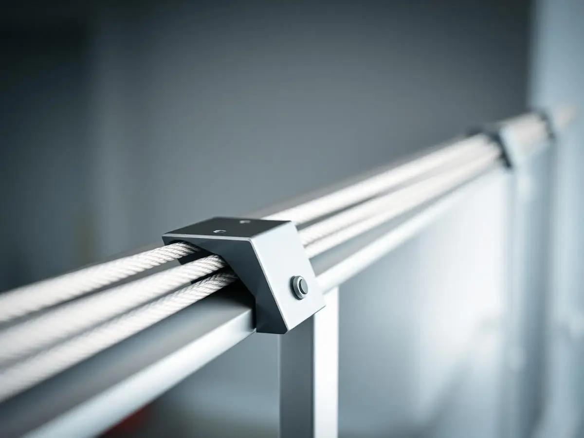 Macro view of an SS 316 coated cable seated in a powder-coated aluminium track